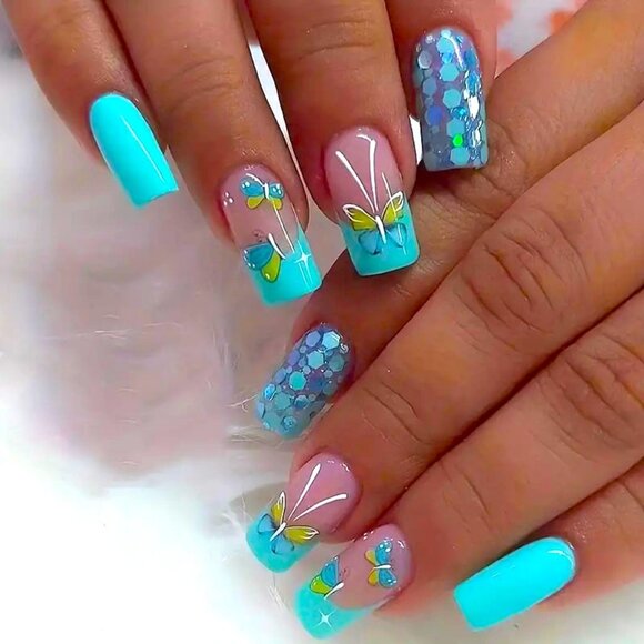 24 Nails Dots Bows Fake Press On Sexy Blue Yellow Glam Reusable Aqua Vacation - Picture 1 of 7
